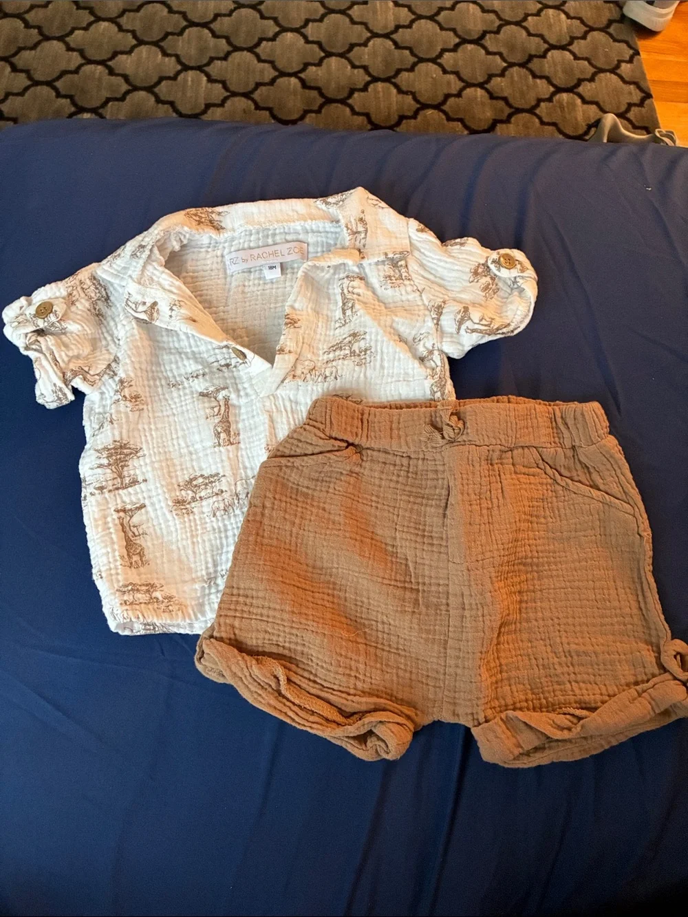 RZ by RACHEL ZOE Cream Printed Gauze Top & Brown Gauze Shorts